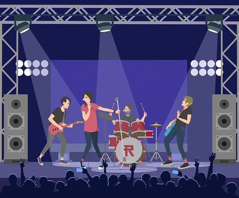 Music Concert Drawing, Stage Drawing, Rock Stage, Tenses English, Performing On Stage, Illustration Art Kids, Concert Stage, Music Party, Rock Concert