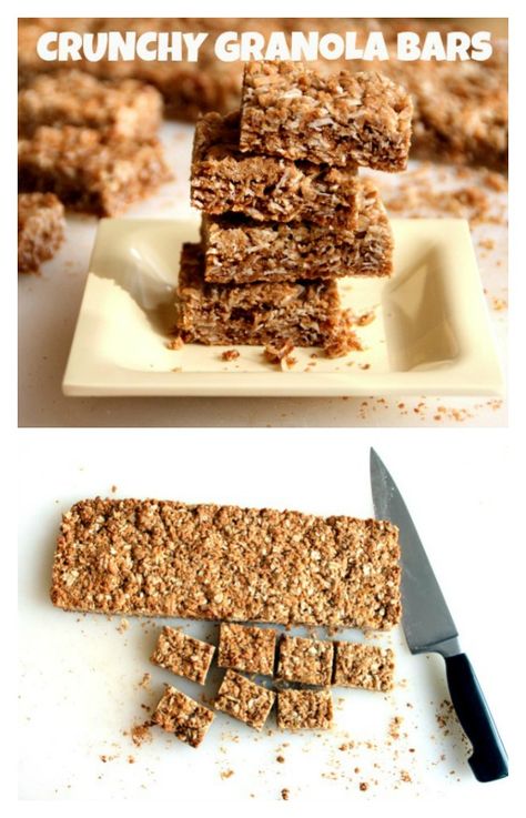 CRUNCHY GRANOLA BARS: Crispy, sweet and oaty, these classic granola bars beat Nature Valley’s version in our family taste test. They make a great soccer game snack, or nosh for a voracious teenager. #shockinglydelicious  #snacks   #snackattack  #granolabars  #copycatrecipe  #teenager Nature Valley Crunchy Granola Bars, Crunchy Granola Bars, Crispy Granola, Nature Valley Granola, Healthy High Protein Snacks, Energy Bars Recipe, Healthy School Snacks, Protein Bars Homemade, Granola Recipe Bars