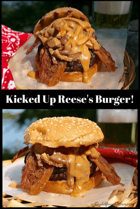 The Canadian Reese's Peanut Butter Cup Burger Kicked Up! / #Choctoberfest 2019 - Wildflour's Cottage Kitchen Peanut Butter Burger, Crazy Burger, Unique Burgers, Butter Burgers, Reese's Peanut Butter Cup, Peanut Butter Sauce, Ground Meat Recipes, Bacon Burger, Gourmet Burgers