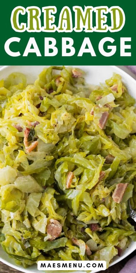 Looking for new veggie side dishes? Look no further than this creamed cabbage recipe! Made with bacon, half and half, and chicken broth, this is one of our favorite easy side dishes for dinner. Try this tasty side dish recipe today!  #cabbage #cabbagerecipe #creamedcabbage #easysidedishesfordinner #veggiesidedishes Cabbage Side Dish Recipes, Easy Side Dishes For Dinner, Side Dishes For Dinner, Creamed Cabbage, Dishes For Dinner, Easy Side Dishes, Pasta Side Dishes, Sauerkraut Recipes, Pasta Sides