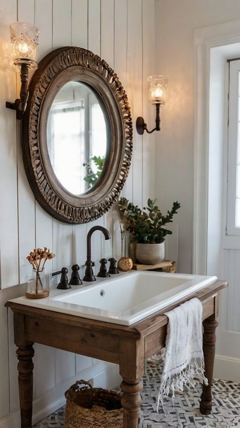 Antique Bathtub Ideas, Old Fashioned Bathroom Sink, Simple Cottage Bathroom, Antique Dresser Sink, Farmhouse Sink Bathroom, European Bathroom Design, Bathroom Victorian, European Bathroom, Antique Bathroom Vanity