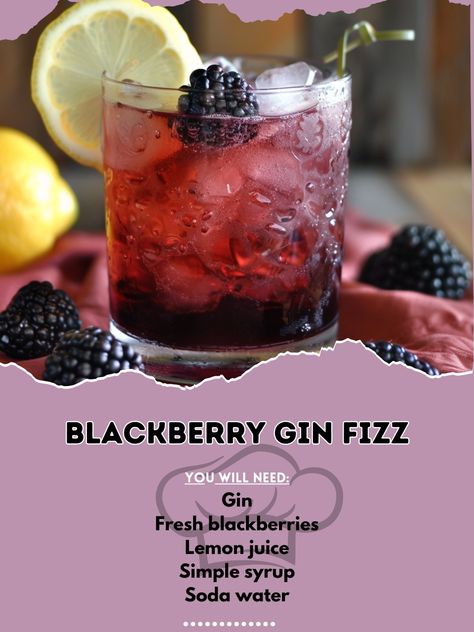 🍇 Refresh with a fizzy Blackberry Gin Fizz! 🍹✨ #BlackberryGinFizz #GinCocktail Blackberry Gin Fizz Ingredients: Gin (2 oz) Fresh blackberries (6) Lemon juice (1/2 oz) Simple syrup (1/2 oz) Soda water (to top) Ice (as needed) Lemon twist (for garnish) Instructions: Muddle blackberries in a shaker. Add gin, lemon juice, simple syrup, and ice. Shake well and strain into a glass with ice. Top with soda water and garnish with a lemon twist. 🍇 Enjoy the refreshing fizz of this blackberry deligh... Blackberry Gin Fizz, Blackberry Gin, Cocktail Party Food, Gin Lemon, Lemon Twist, Yummy Alcoholic Drinks, Gin Fizz, Soda Water, Party Recipes