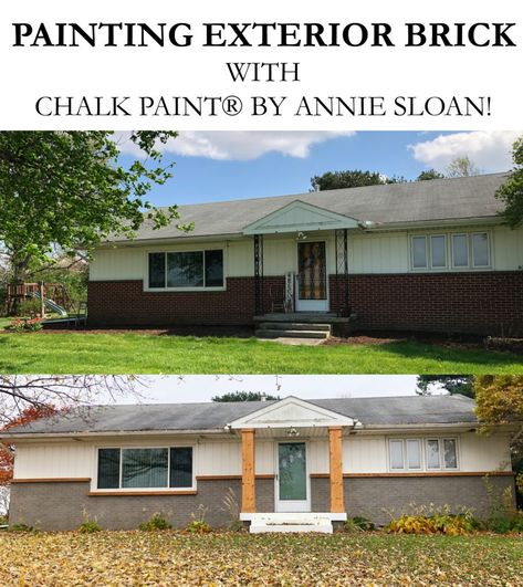 We are doing a facelift to the exterior of our ranch home and my first project to tackle was the outdated looking brick that covered the front bottom half of our house. I new I wanted a grey wash vs. painting it solid so the first thing I decided on was the brand of paint. I choose only the best and used Chalk Paint® by Annie Sloan in the color French Linen. French Linen is the medium grey out of her line of greys. Painted Half Brick House Exterior, Ideas For Painting Half Brick Half Siding House, Painted Brick Skirting House, Partial Brick House Exterior Makeover, Brick On Lower Half Of House, Bottom Half Brick House Exterior, House Half Brick Half Siding, Painted Brick House Exterior With Siding, Half Brick Ranch Exterior