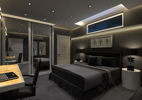 Luxurious Bedrooms For Men, Dark Theme Room, Boy Room Aesthetic, Boyfriend Bedroom, Game Room Ideas, Boy Bedrooms, Bedroom Boy, Small Game Rooms, Black Bedroom Design