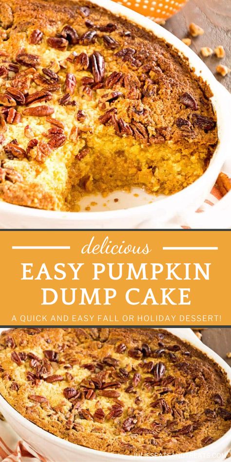 Easy Pumpkin Dump Cake Recipe, Easy Pumpkin Dump Cake, Pumpkin Dump Cake Recipe, Pumpkin Dump, Dump Cake Recipe, Pecan Topping, Dump Cake Pumpkin, Thanksgiving Desserts Easy, Homemade Pumpkin Puree