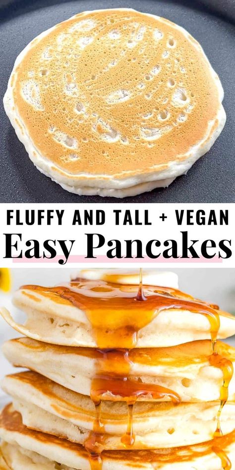 Soft, tall, fluffy, and easy to make, these vegan pancakes are the best pancakes you'll ever have. Pancakes Recipe Vegan, Healthier Pancakes, Healthy Fluffy Pancakes, Vegan Recipes For Kids, Vegan Pancake, Easy Vegan Pancakes, Eggless Pancakes, Vegan Breakfast Pancakes, Vegan Pancake Recipe Easy