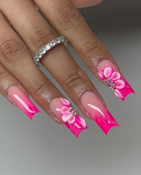 Summer Vibe Acrylic Nails, Hot Pink Nails With Flower Design, Ombre Vacation Nails, Dark Pink Acrylic Nails, Hot Pink Flower Nails, Hot Pink Ombre Nails, Island Nails Tropical, Hot Pink Acrylic Nails, Hot Pink Nail Designs