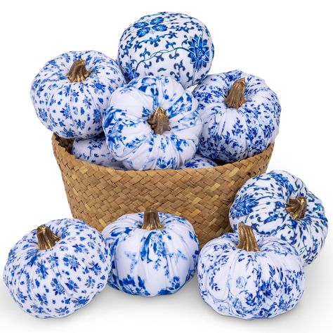 PRICES MAY VARY. Our blue and white fabric pumpkins are the perfect fall decorations. Available in sets of 3, 4, 6, and 8, these decorative pumpkins come in vibrant colors and various sizes, offering versatile uses. They will add a touch of elegant, warm and fresh inspiration to your fall décor. These artificial pumpkins are crafted from soft blue and white velvet fabric, filled with foam balls shaped like pumpkins, and topped with curled golden stems for a realistic look. The high-quality fabri Winter Pumpkin Decorations, Beach Fall Decor, Blue And White Fall Decor, January Decor, Fall Decorations For Home, Farmhouse Mantel, Decorative Pumpkins, Fake Pumpkins, Artificial Pumpkins