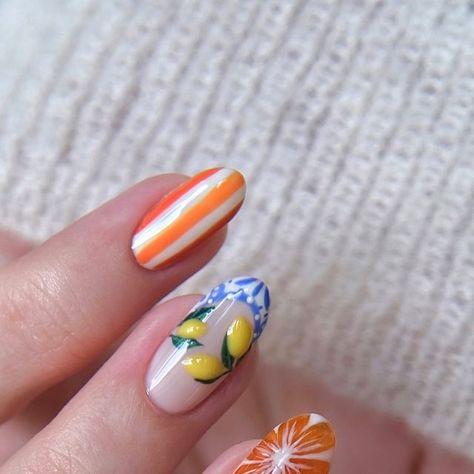 Amber Hancock on Instagram: "Amalfi coast nails🍋🇮🇹⛱️ I saw @palomanailstudio custom press on’s, and I just had to create my own version! Also managed to intertwine a @learnahstarbuck_nailartist inspired 3D Orange which I’ve been desperate to try🍊  Products used @the_gelbottle_inc  Double Denim, Signature, Michelle, Daisy, Precious, Love letter, Tiger, Ignite, Atelier, Flashing lights, Queen bee, Jungle, Crush, Doe & Clear 3D studio gel   #amalfinails #amalficoastnails #3dnails #fruitnails #detailednails #summernails #nailinspo" Amalfi Nails, Amalfi Coast Nails, Coast Nails, Abstract Nails, 3d Studio, Flashing Lights, Double Denim, 3d Nails, Queen Bee