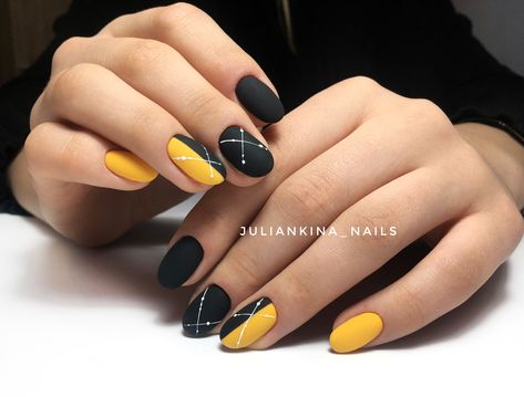 #mattenails #nails #nailart #nailpolish Black And Yellow Almond Nails, Yellow And Black Nail Art, Black And Yellow Nails Design, Yellow And Black Nails Design, Yellow Matte Nails, Nails Yellow And Black, Black Yellow Nails, Yellow Black Nails, Yellow And Black Nails