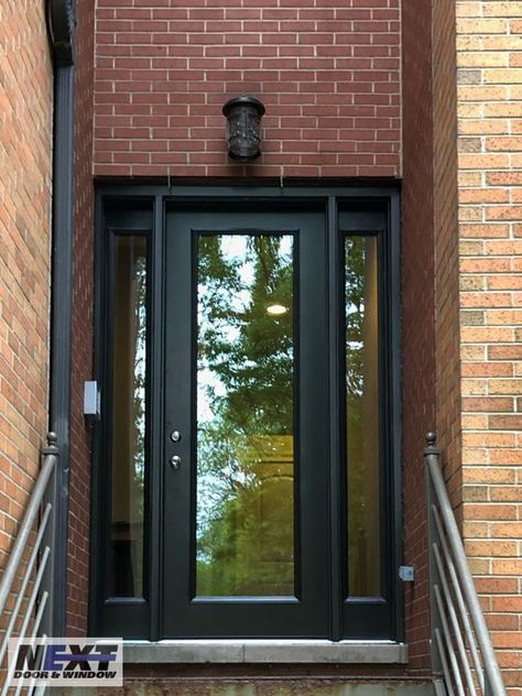 Glass Door With Sidelights, Single Door With Sidelights, Front Door Glass Side Panels, Full Glass Front Door, Black Entry Doors, Exterior Patio Doors, Front Door With Sidelights, Door With Sidelights, Door Sidelights