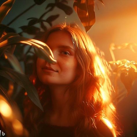 AI Art generated girl standing in sunlight wavy ginger red hair lots of leaves and plants. Red Hair In Sunlight, Ginger Red Hair, Ginger Red, Red Hair Woman, Girl Standing, Sketchbook Ideas, Concept Art Drawing, Running Women, Golden Hour