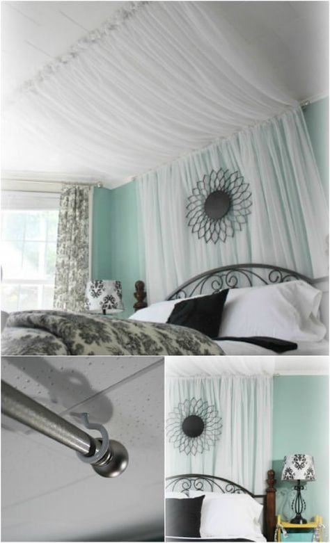 Sleep in Absolute Luxury with these 23 Gorgeous DIY Bed Canopy Projects Bed Headboard Ideas, Canopy Bed Diy, Headboard Curtains, Canopy Curtains, Diy Canopy, Diy Headboards, Office Office, Diy Headboard, Bed Canopy