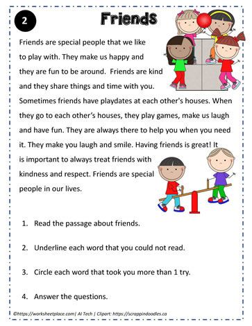 Reading Comprehension about Friends Reading Comprehension Worksheets Grade 2, 2nd Grade Words, Free Reading Passages, Words To Learn, 2nd Grade Reading Comprehension, Reading Printables, Phonics Books, About Friends, English Worksheets For Kids