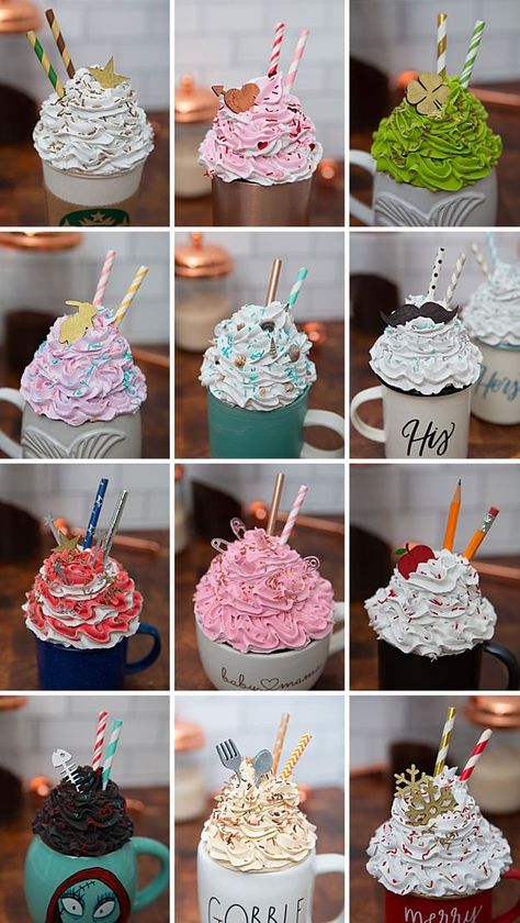 Mug Toppers Diy, Food Props Diy, Diy Whipped Cream, Mug Toppers, Faux Desserts, Faux Whipped Cream, Fake Food Props, Cream Mugs, Toppers Diy