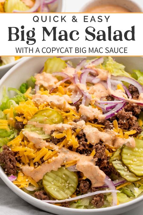 Skip the drive-thru and turn your favorite McDonald's burger into an easy and delicious Big Mac salad! Hearty and satisfying, this low-carb, gluten-free cheeseburger salad has all the flavors and components of a classic Big Mac, including a copycat Big Mac sauce. Plus it's ready to eat in less time than it takes to go to the restaurant and order. Talk about fast food! Mcdonalds Salad, Healthy Mcdonalds, Homemade Big Mac Sauce, Mac Salad Recipe, Homemade Big Mac, Big Mac Sauce, Mac Sauce, Chicken Honey, Big Mac Salad