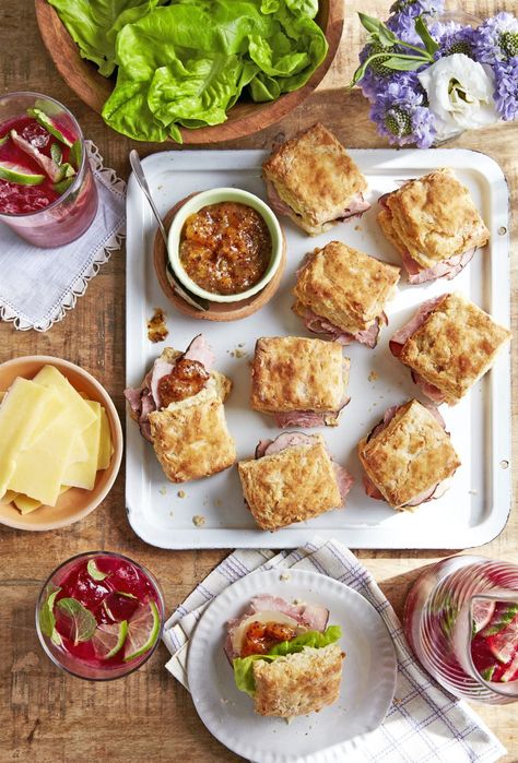 Ham Biscuit Sandwiches With Apricot Mustardcountryliving Brunch Sandwiches, Small Sandwiches, Ham Sandwich Recipes, Picknick Snacks, Christmas Ham Recipes, Ham Biscuits, Thanksgiving Brunch, Mustard Recipe, Holiday Appetizers Recipes