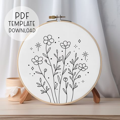 "This is a pattern TEMPLATE for the design shown above. It is for hand embroidery, and is NOT suitable for machine embroidery. You will not receive any physical products as this is a DIGITAL DOWNLOAD ONLY. You will receive a downloadable A4 sized PDF file for this pattern. It comes with patterns scaled to fit 3\", 4\", 5\", 6\", 7\" and 8\" hoops. It is up to you to choose which size hoop best suits the design you choose (tip: designs with lots of small details are usually better suited to larger hoops). You will need access to a printer to print your PDF pattern, and then you can transfer it to your fabric with an embroidery suitable pen or pencil. You will also receive a basic embroidery guide for beginners, however, please be aware this is a short and general guide and it does not conta Easy Floral Embroidery, Embroidery Patterns Free Templates, Pretty Wildflowers, Embroidery Nature, Cat Lover Birthday, Embroidery Easy, Hand Embroidery Patterns Free, Beginner Embroidery, Digital Embroidery Patterns