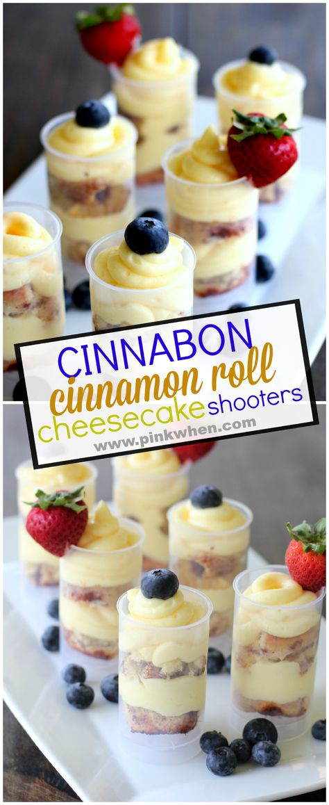 Cinnabon Cinnamon Roll Cheesecake Shooter www.pinkwhen.com Cinnamon Roll Parfait, Mini Cheesecake Shooters, Breakfast Shooters, Desert Shooters, Shooters Recipes, Mini Dessert Shooters, Cake Shooters, Dessert Shooters Recipes, Cheesecake Shooters