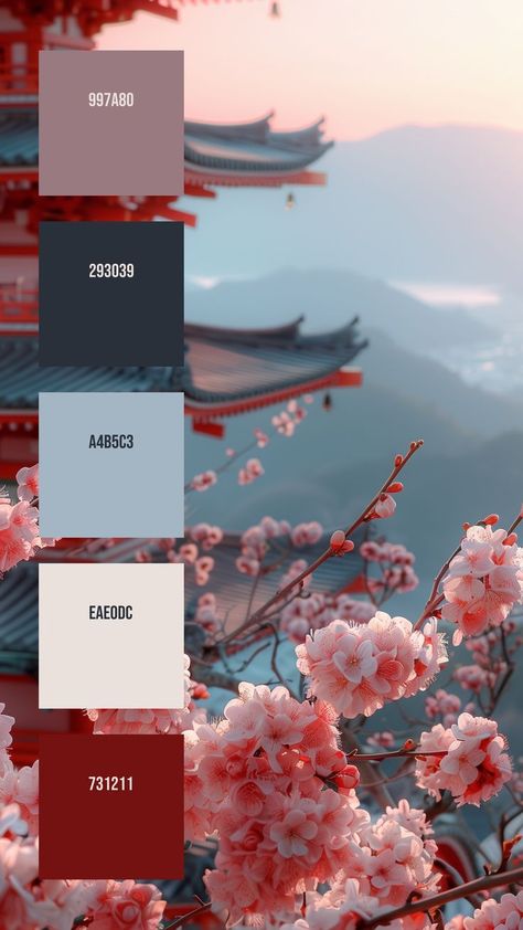 Colors: 997A80 ° 293039 ° A4B5C3 ° EAE0DC ° 731211 Distant Mountains, Color Design Inspiration, Hex Color Palette, Color Palette Challenge, Red Colour Palette, Color Schemes Colour Palettes, Palette Art, Paint Color Palettes, Pink Cherry