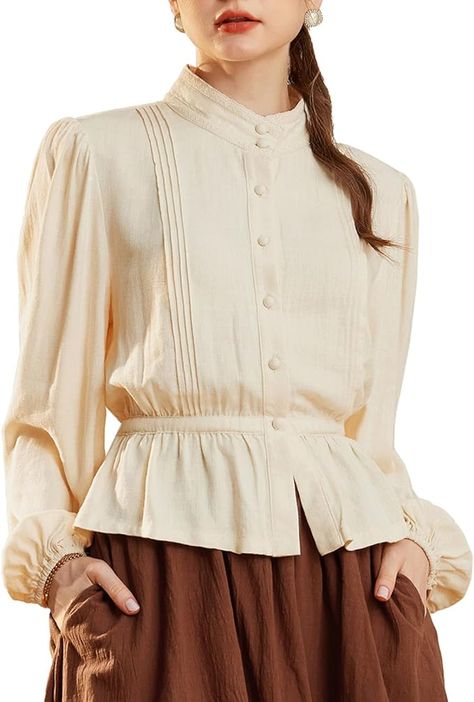 Scarlet Darkness Victorian Edwardian Blouse for Women Elegant Long Sleeve Peplum Tops Casual Linen Shirt Apricot M at Amazon Women’s Clothing store Scarlet Darkness, Casual Linen Shirt, Edwardian Blouse, Long Sleeve Peplum Top, Victorian Blouse, Stand Collar Shirt, Peplum Tops, Blouse Long Sleeve, Tops Casual