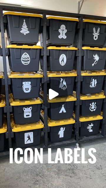 David Yakos on Instagram: "I ditched messy labels and the idea of QR codes for custom vinyl stickers on my bins. I drew them on an iPad and cut them out with my laser. No more bad handwriting, masking tape, or scanning with a phone.  We all know what’s in each bin from a simple icon…  finding things and putting them away is a bit more fun and a breeze for me and the whole family!  #ocdhack #customlabel #OrganizationHacks #DIY #FamilyFun #coolgarage #ocd #ocdorganizing #binrack #toterack #diy4good" Storage Tub Labels, Organization Techniques, Bad Handwriting, Garage Storage Bins, Garage Storage Plans, Cricut Storage, Garage Storage Inspiration, Garage Organization Tips, Business Storage