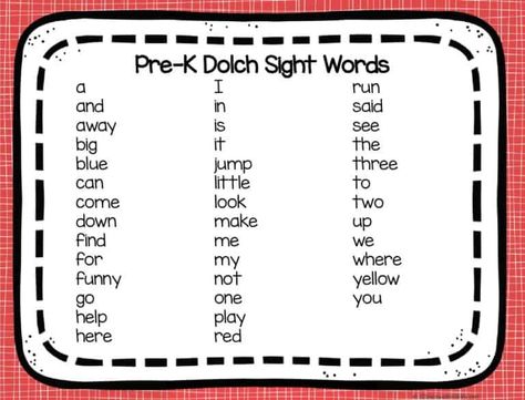 FREE printable pre k sight words list for preschoolers