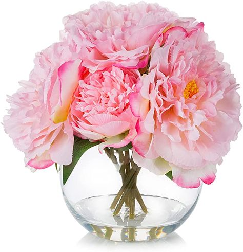 Silk Peonies Arrangement, Peony Flower Arrangements, Office Kitchen Decor, Pink Wedding Centerpieces, Round Glass Vase, Fake Flower Arrangements, Peony Arrangement, Artificial Peony, Growing Peonies