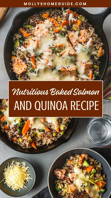 Indulge in a healthy and delicious meal with this recipe for Baked Salmon and Quinoa. This dish is not only easy to make but also packed with nutrients that will keep you satisfied. The combination of flaky salmon and fluffy quinoa provides a delightful texture, while the flavors blend together perfectly. Whether you're looking for a quick weeknight dinner or wanting to impress guests, this recipe is sure to please any palate. Mediterranean Recipes Salmon, Salmon With Quinoa Recipe, Salmon Quinoa Recipes, Salmon And Quinoa Recipes, Salmon And Quinoa, Best Baked Salmon, Salmon Dinner Recipes, Fluffy Quinoa, Side Dishes For Salmon