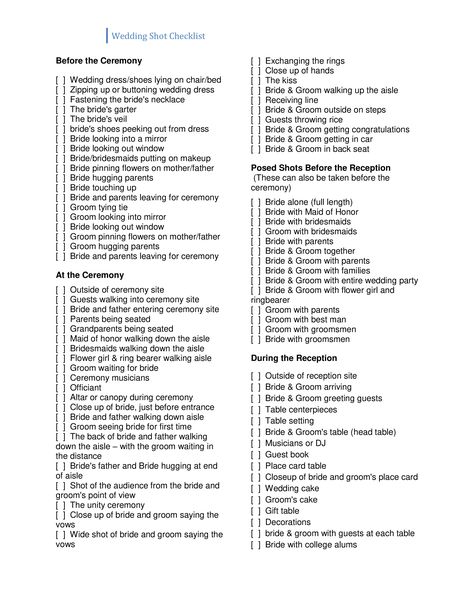 Wedding Shot Checklist - How to create a Wedding Shot Checklist? Download this Wedding Shot Checklist template now! Wedding Video Checklist, Wedding Videography Shot List, Wedding Shot List Ideas, Shot List For Wedding Photographer, Wedding Director Checklist, Wedding Videographer Checklist, Wedding Videography Checklist, Wedding Shot List For Photographer, Event Photography Tips