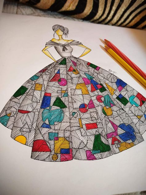 Rythym In Design, Harmony Fashion Illustration, Theme Based Fashion Illustration, Elements Of Design Shape Fashion, Harmony Dress Design, Geometric Fashion Illustration, Crockey Illustration, Symmetrical Pictures, Geometric Fashion Design