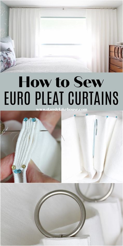 How to Sew Euro Pleat Curtains - it's easy! Make your own curtains with this DIY Euro pleat drapes tutorial. Beautiful DIY linen curtains with fabric from Tonic Living. Looking for DIY curtains ideas? Learn how to hand sew Euro pleats and make expensive looking curtains yourself for a fraction of the cost. Modern organic linen bedroom curtains. A softer take on pinch pleat curtains, euro pleats are pinched at the top and drape softly creating beautifully gathered DIY curtains. Pinch Pleat Curtains Diy, Euro Pleat Curtains, French Pleat Drapery, French Pleat Curtains, Curtain Sewing, Diy Drapes, Custom Curtain Rods, Pinch Pleat Drape, Bedroom Curtain Ideas