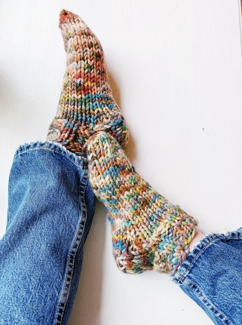 Chunky knit sock pattern (size 11 needles!) – Gimme Shelter Blog Chunky Knit Slipper Socks Free Pattern, Knit Chunky Socks Free Pattern, Long Socks Knitting Pattern Free, Fast Knit Socks, Chunky Sock Knitting Patterns Free, Chunky Slipper Socks Knitting Pattern, Thick Yarn Socks, Chunky Sock Pattern Free, Chunky Sock Pattern