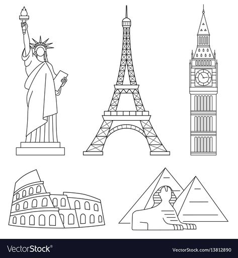 World Landmarks Drawing, Eiffel Tower Line Drawing, Big Ben Dibujo, Big Ben Illustration, Statue Of Liberty Illustration, Big Ben Drawing, Landmark Illustration, Statue Of Liberty Drawing, Landmark Design