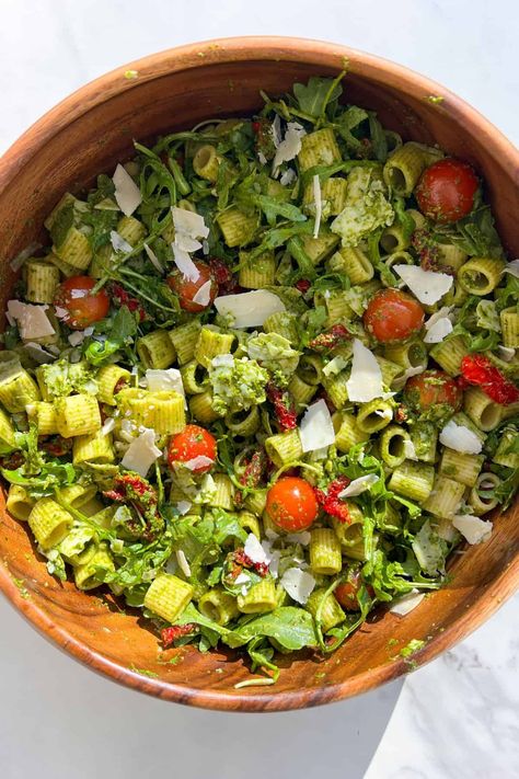 Pesto Rigatoni Pasta Salad with Parmesan - Feasty Travels Fancy Pasta Salad, Rigatoni Salad, Rigatoni Pasta Salad, Pasta Pesto Salad, Pasta Salad Pesto, Feasty Travels, Salad With Sun Dried Tomatoes, Cold Pesto Pasta Salad, Pesto Rigatoni