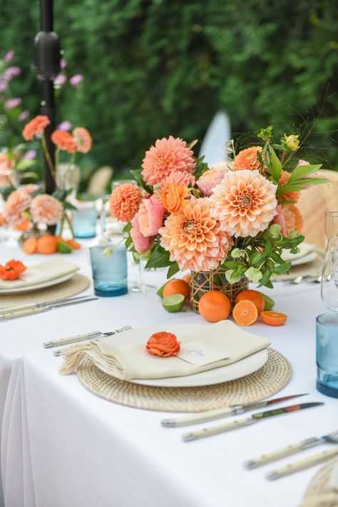 Wedding Shower Tablescapes, Fruit Bridal Shower Ideas, Summer Bridal Shower Decor, Citrus Centerpiece Wedding, Peach Theme Bridal Shower Ideas, Citrus And Sunset Bridal Shower Theme, Citrus Wedding Palette, Colorful Bridal Shower Theme, Aperol Spritz Bridal Shower Theme Decor