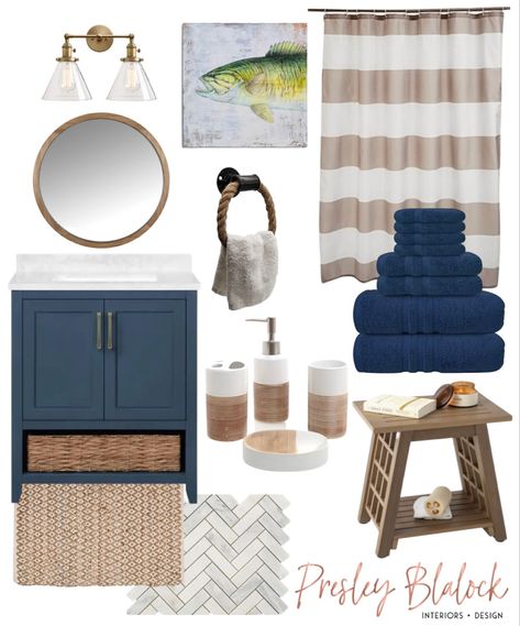 Lake House Bathroom Ideas, Nautical Theme Bathroom, Bathroom Coastal, Lake Bathroom, Striped Shower Curtain, Coastal Bathroom Decor, Lake House Bathroom, Navy Bathroom, Coastal Accessories