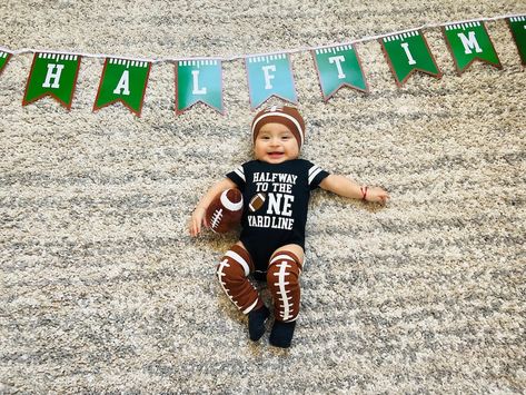 Halfway To The One Yard Line Photoshoot, Halfway To The One Yard Line, Half Way To The One Yard Line, Football 6 Month Pictures, Halftime 6 Month Photoshoot, Half Time 6 Month Birthday, Football Milestone Pictures, Baby Boy Half Birthday Photoshoot, Boy Half Birthday Ideas