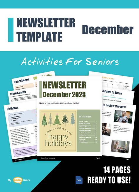 December Events & Ideas | Activities Calendar June Activities, August Events, Activities For Seniors, Monthly Newsletter Template, October Events, Activity Calendar, Nursing Home Activities, February Activity, December Activities