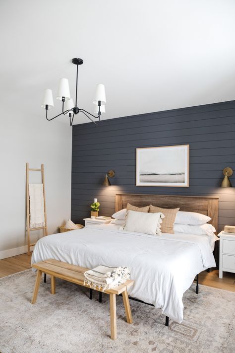 Project Reveal: Seppala New Build — Harbor + Pine Shiplap Wall Ideas, Shiplap Bedroom, Black Walls Bedroom, Light Gray Bedroom, Farmhouse Shiplap, Farmhouse Bedroom Ideas, Black Accent Walls, Moody Bedroom, Shiplap Accent Wall