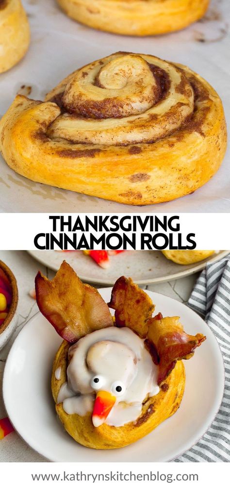 Cinnamon Roll Turkeys make the easiest and cutest breakfast treat for Thanksgiving breakfast or any Fall morning. Made with only 4 ingredients and take minutes to assemble once the cinnamon rolls are baked! Thanksgiving Cinnamon Rolls, Cinnamon Roll Turkeys, Thanksgiving Recipes Drinks, Cinnamon Rolls From Scratch, Chocolate Covered Raisins, Thanksgiving Desserts Table, Cinnamon Roll Recipe Homemade, Cinnamon Roll Bake, Thanksgiving Breakfast