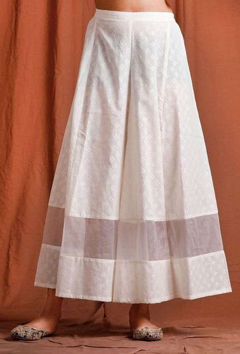 Buy Set of 2- Off White and Golden Kurta with Palazzo Online - Tjori.com Skirt Plazo, Plazo Designs, Plazo Pant, Women Trousers Design, Kurta With Palazzo, Womens Pants Design, Simple Kurta Designs, Girls Frock Design, Kurta Neck Design