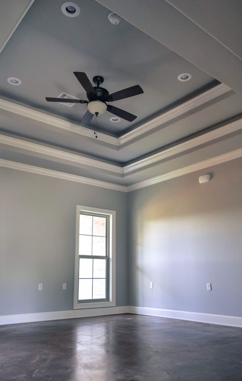 Double tray ceiling Recessed Ceiling Ideas, Tray Ceiling Paint Ideas, Tray Ceiling Paint, Tray Ceiling Bedroom, Tray Ceiling Ideas, Ceiling Ideas Living Room, Double Tray Ceiling, Grey Walls Living Room, Trey Ceiling