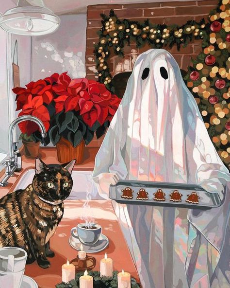 Halloween Animal Illustration, Fish Gouache Painting, Spookie Paintings, Cat Painting Gouache, Ghost Cat Painting, Cat Gouache Painting, Fall Aesthetic Painting, Halloween Cats Art, Halloween Cat Painting