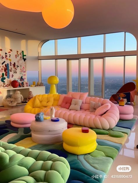 Happy Rooms Ideas, Simple Colorful Room Decor, Aesthetic Furniture Living Rooms, Colorful Electric Living Room, Cute Colorful Room Ideas, Aesthetic Room Colorful, Funky Table Decor, Funky Modern Interior Design, Fun Couches