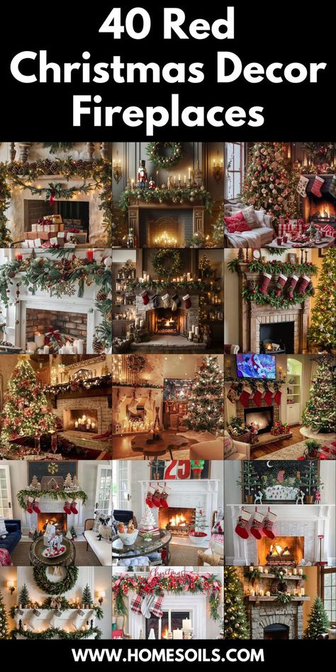 Transform your fireplace with 40 stunning red Christmas decor ideas that bring festive warmth to your home! From lush red garlands to bold stockings and shimmering ornaments, create a cozy holiday ambiance around your hearth. Click to explore these vibrant and stylish ways to deck out your fireplace this Christmas! Red And Green Christmas Fireplace Decor, Red Christmas Fireplace Decor, Elegant Mantle Christmas Decor Ideas, How To Decorate Inside Of Fireplace, Decorate Inside Fireplace For Christmas, Red And Green Christmas Mantle, Red Christmas Mantle Decor, Fireplace Hearth Christmas Decor, Mantle Ideas For Christmas