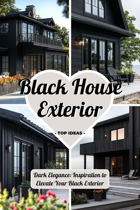 ♥ Dreaming of a unique and sleek home exterior? Dive into the elegance of this black house exterior, featuring stunning white and black contrasts✨ Perfect for modern farmhouse enthusiasts and lovers of all-black house designs. 🖤🏡 #blackhouse #blackhouseexterior #houseexteriordesign #modernfarmhouse #housedesign #exteriorpaintcolors Black House Black Trim, Black House Paint Colors, Black Modern Exterior House, Dark Exterior House Colors Farmhouse, Black Board And Batten Exterior, Black Exterior Homes, All Black Houses, Exterior House Colors Farmhouse, Black House Exterior Design