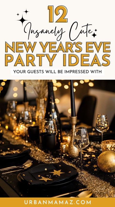 Looking for New Year's Eve party ideas to wow your guests? Check out these 12 insanely cute New Year's Eve Party ideas your guests will be impressed with! New Year’s Eve Football Party, Happy New Year Party Decoration, New Year Themed Party, Nye Party Ideas For Adults, New Years Eve Buffet Table, Glam New Years Eve Party, New Year’s Eve Party At Home, New Year’s Eve Theme Party 2024, New Year’s Eve Party Themes