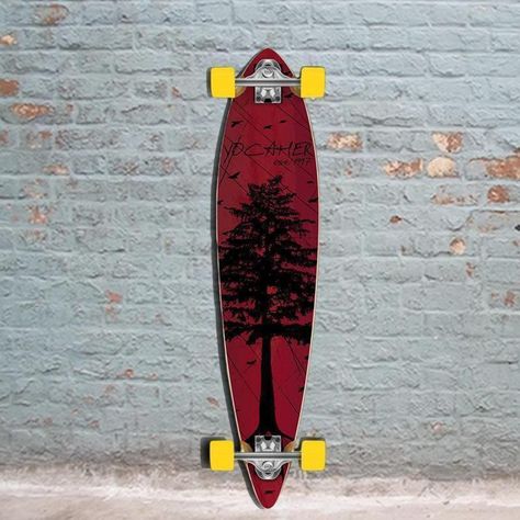 😍 Punked In The Pines Red 40 inch Pintail Longboard 😍 Great beginners Pine pintail longboard with a pine tree graphic. This pintail longboard is a new 2016 In the Pines series from Punked. This 40 inch pintail longboard is great for cruising and carving. The pintail shape prevents the wheel from contacting with the board while still providing ample foot space. Pintails also make excellent campus cruisers. The pintail deck is a classic popular shape longboard. Buy this pintail longboar... Pintail Longboard, Deck Shapes, Red 40, Heavy Duty Trucks, Tree Graphic, The Pines, Longboards, Go Around, Pine Tree