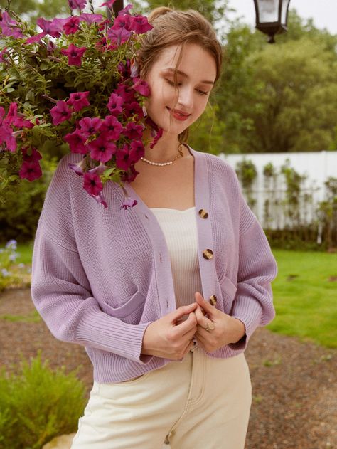 Button Front Drop Shoulder Cardigan Lavender Sweater, Drop Shoulder Cardigan, Ladies Sweater, Autumn Sleeve, Boho Cardigan, Sweaters Women, Spring Fashion Casual, Bat Sleeve, Cardigan Outfits